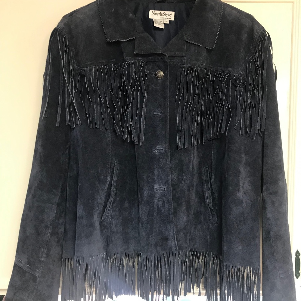 Womens Suede 100% Leather Fringe Jacket Blue 1X